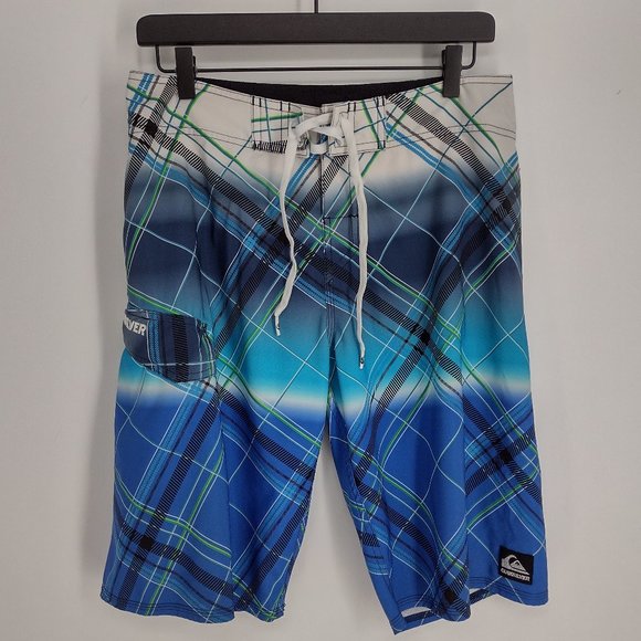 Quiksilver Cargo Side Pocket Blue White Black & Green Striped Surf Board Shorts - Picture 1 of 10